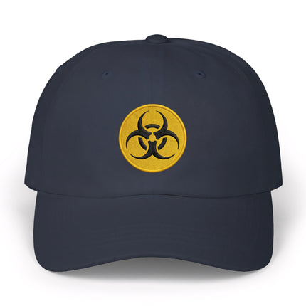 Dark blue baseball cap with yellow embroidered biohazard warning symbol.