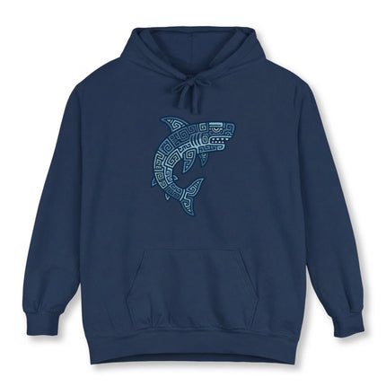 Blue geometric tribal shark design on a navy unisex hoodie.