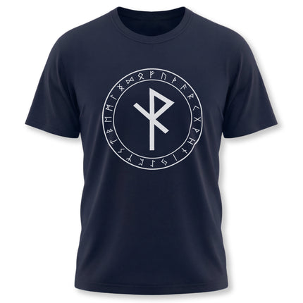 Navy t-shirt featuring the Algiz rune and the full Elder Futhark runes in a protective circular graphic design.