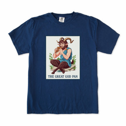 Greek mythology Satyr Pan t-shirt featuring a detailed graphic of the god with his flute.