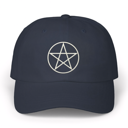 Occult pentagram embroidered dad hat featuring a white pentacle symbol.