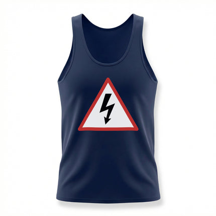 Navy tank top featuring a red and white high voltage caution sign with a lightning bolt.