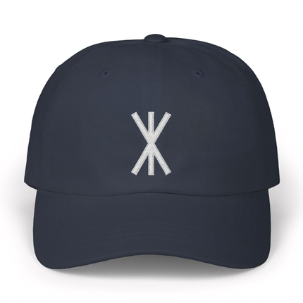 Navy baseball cap featuring white embroidered Norse Strength Rune (Bind Rune) design.