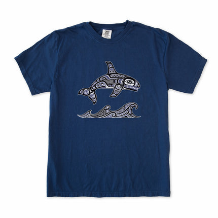 Haida formline art killer whale and wave graphic t-shirt featuring indigenous orca design.