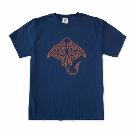 Maori tribal stingray graphic tee featuring Polynesian ocean life and cultural patterns.