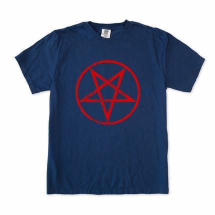 Sacred geometry pentagram graphic tee shirt featuring occult symbolism print.