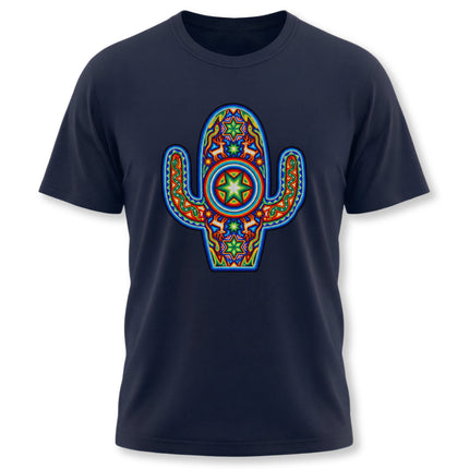 Colorful Huichol Mexican art cactus graphic on a navy t-shirt.