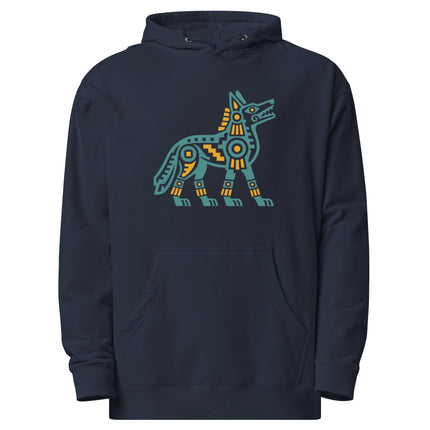 Aztec Coyote Hoodie | Teal and Blue Geometric Canine Graphic