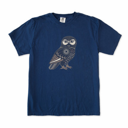 Tribal geometric owl graphic t-shirt with an Inuit-inspired design.