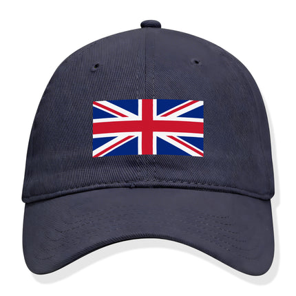 Union Jack British flag baseball cap. Navy blue hat featuring the UK flag for national pride.