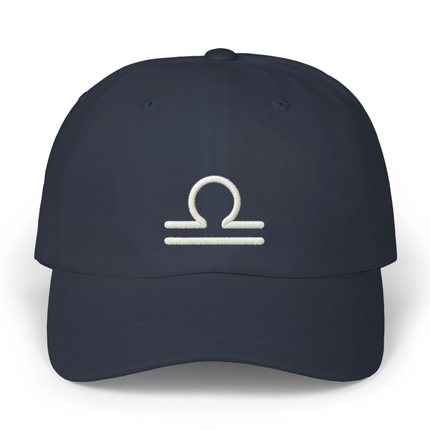 Embroidered Libra zodiac symbol on a navy dad cap for astrology lovers.