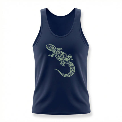 Tribal swirl lizard graphic on a navy blue tank top.