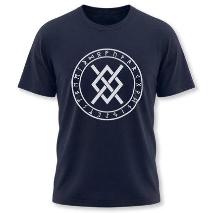 Norse rune circle t-shirt featuring the Gungnir symbol and Viking knotwork design.