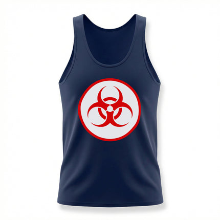 Red biohazard symbol graphic on a navy blue unisex tank top.