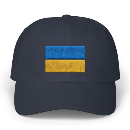 Black baseball cap featuring embroidered blue and yellow Ukrainian flag.