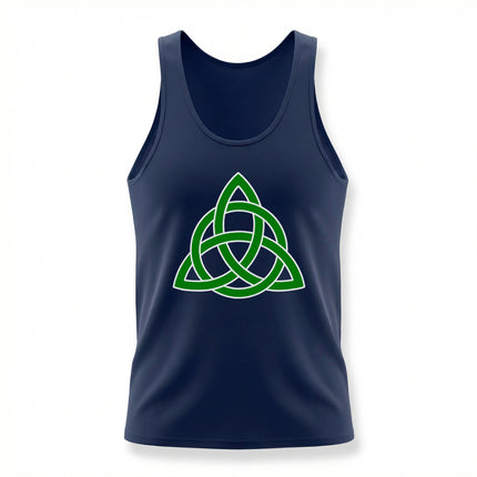 Green triquetra celtic knot design on a navy blue unisex tank top.