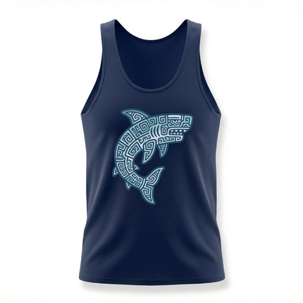 Mayan tribal geometric shark graphic on a navy blue tank top.