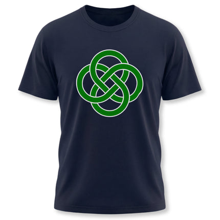 Green Celtic knot graphic tee featuring eternal knotwork symbolism on a dark shirt.