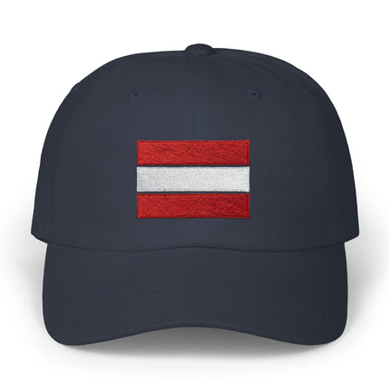 Navy baseball cap with embroidered Austrian flag. A stylish accessory for national pride and travel.