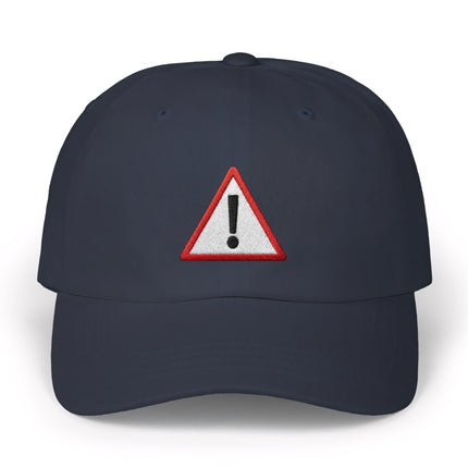 Embroidered warning symbol baseball cap in navy blue.