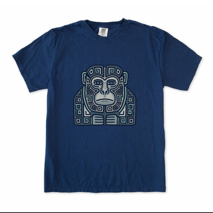 Mayan Monkey Geometric Tribal Art T-Shirt | Blue Green Ape Unisex Tee Shirt