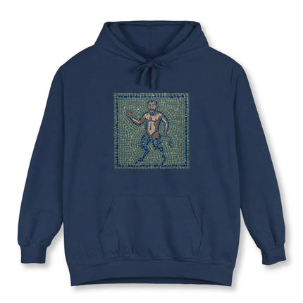 Greek satyr mosaic art print on a navy pullover hoodie, featuring ancient Greek mythology.