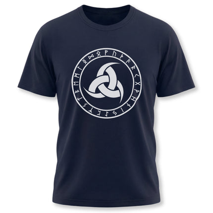 Norse rune circle and Odin's triple horn symbol graphic on a dark navy Viking mythology t-shirt.