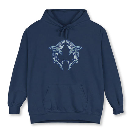 Mayan tribal sharks symbol on a navy blue unisex hoodie. Geometric marine life design.