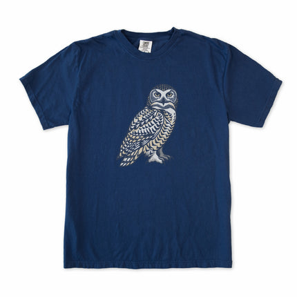 Geometric stylized owl graphic on a unisex tee shirt with an Inuit inspired arctic design.