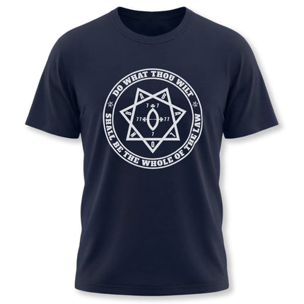 Thelema Do What Thou Wilt Star of Babalon occult hexagram graphic t-shirt.