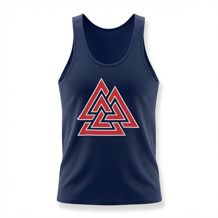 Navy tank top featuring the red Valknut Norse symbol, representing Viking mythology.