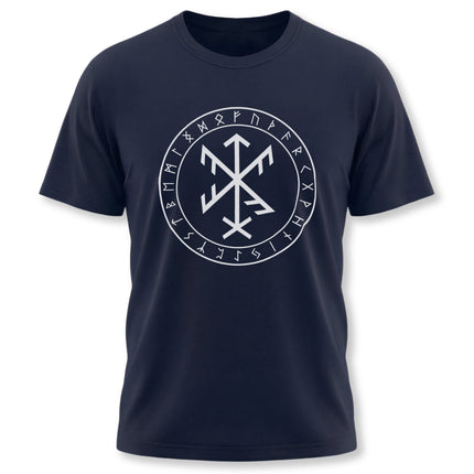 Navy t-shirt with a white Norse bind rune and Futhark runes graphic design.