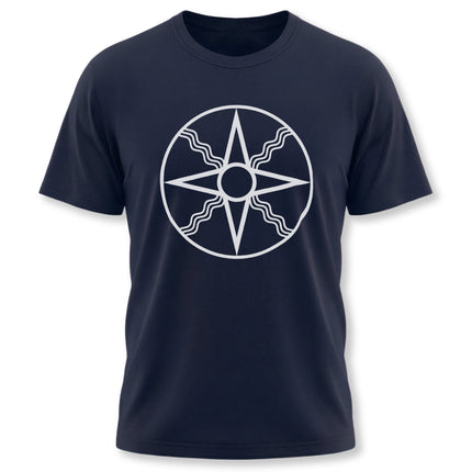 Mesopotamian Shamash sun symbol graphic on a navy blue unisex t-shirt.