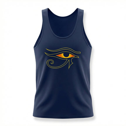 Navy tank top featuring the Eye of Horus symbol. Ancient Egyptian mythology graphic design.