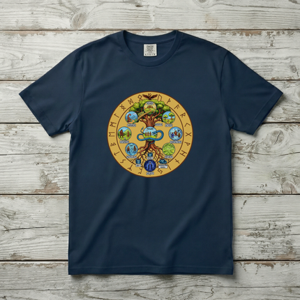 Norse Yggdrasil Nine Worlds Tree T-Shirt | Nine Realms Runes Midgard Serpent