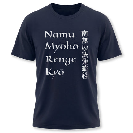 Namu Myōhō Renge Kyō Buddhist mantra t-shirt featuring Kanji characters.