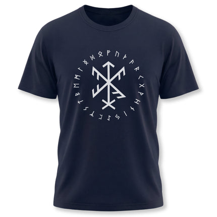 T-shirt featuring a white bind rune symbol surrounded by the full Elder Futhark runes.