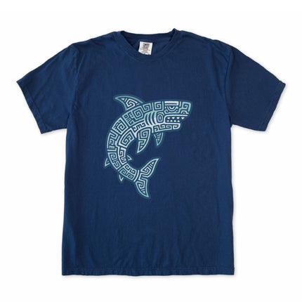 Mayan Tribal Shark T-Shirt | Blue Geometric Design Ocean Tee | Comfort Colors