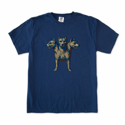 Cerberus three-headed dog mosaic graphic print featuring Greek mythology art on a t-shirt.