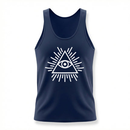 All-Seeing Eye pyramid symbol graphic on a navy blue men's tank top.
