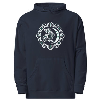 Maya Rabbit Moon Hoodie | White and Teal Crescent Medallion