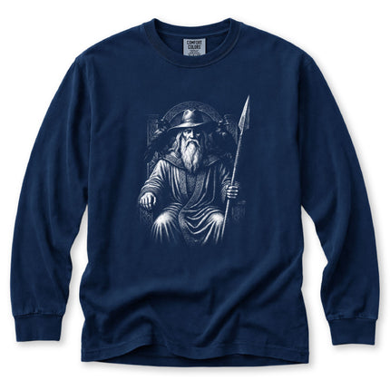 Seated Odin Norse God graphic tee featuring spear and ravens design.