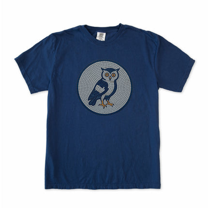 Mosaic geometric owl graphic t-shirt in blue and grey tones.