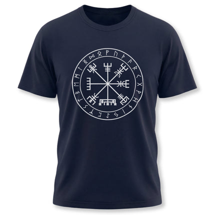 Norse Vegvisir rune compass graphic on a dark t-shirt.