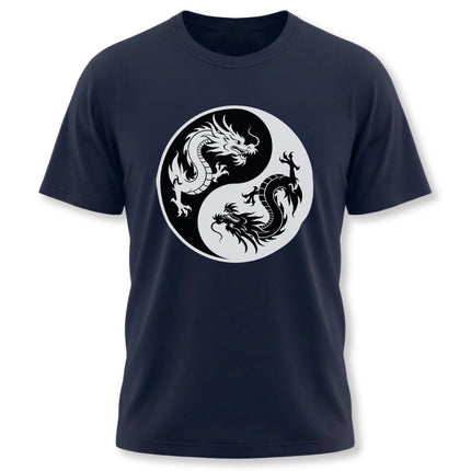 Chinese dragon yin yang graphic tee symbolizing cosmic balance, power, and duality.