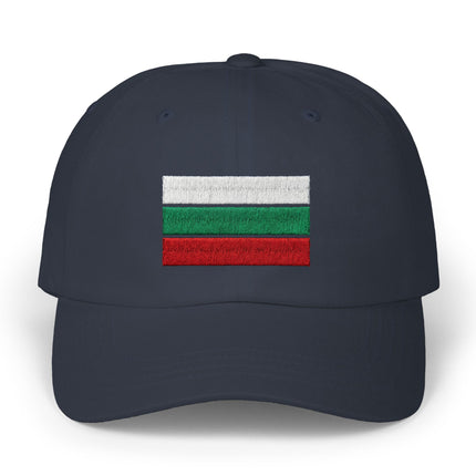 Embroidered Bulgarian flag on a dark baseball cap.