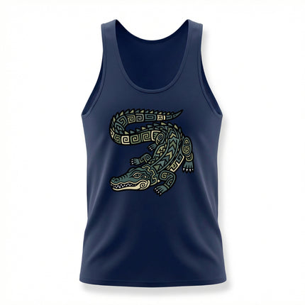 Tribal geometric crocodile design featuring Mayan-inspired patterns.