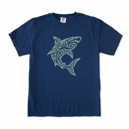 Polynesian tribal shark tattoo graphic tee shirt print on comfort colors fabric.