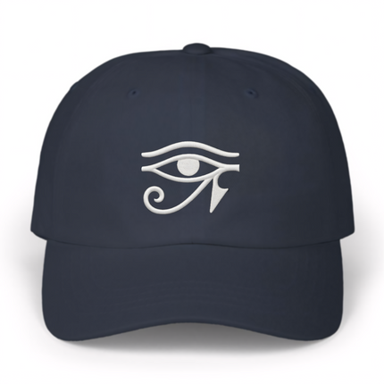 Embroidered Eye of Ra symbol on a navy blue Egyptian baseball cap.
