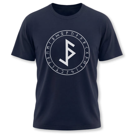Bind Rune and Elder Futhark circle graphic on a navy blue Viking t-shirt.